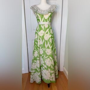 Vintage 1970s Floral Maxi Dress Ruffle Collar Off Shoulder Dress